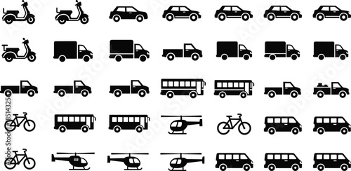 Set of black transportation icons including scooters, cars, vans, trucks, buses, bicycles and helicopters for traffic, delivery and mobility design
