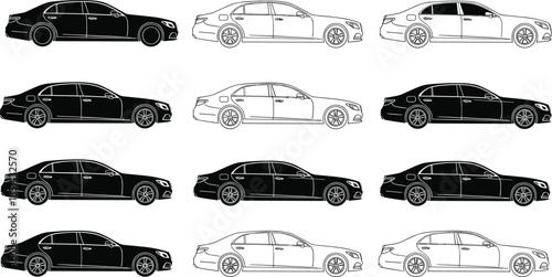 Luxury sedan side view illustration set, black and white car outline collection, detailed automotive design graphics for transport, vehicle, and digital artwork projects
