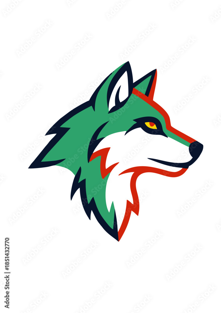 Obraz premium Stylized green, white, and red wolf head logo in profile with a sharp yellow eye, depicting a modern animal mascot.