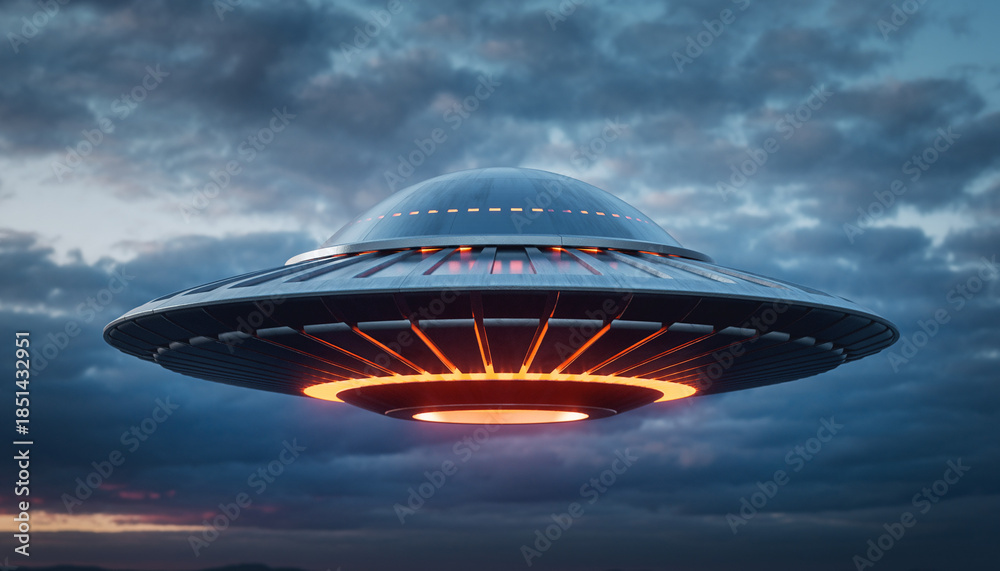 Obraz premium Futuristic UFO Spaceship Hovering in Dramatic Stormy Sky.