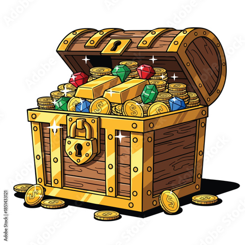 An open treasure chest overflowing with gold coins, gems, and bars, with a lock