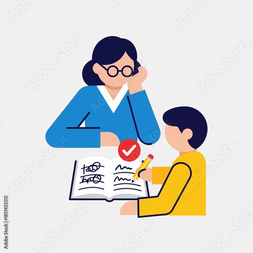 A flat illustration depicting a female teacher or tutor supervising a young boy as he writes in a notebook with a pencil, showing a checkmark.