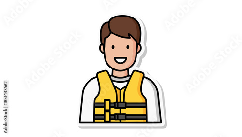 Illustration of a smiling person wearing a yellow life jacket