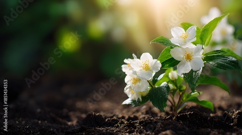 Close-up of delicate white jasmine flowers blooming in garden.