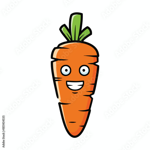 A smiling orange carrot with green leaves, black outline, cartoon style