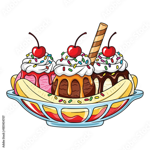 A cartoon banana split with ice cream, cherries, sprinkles, and a wafer stick
