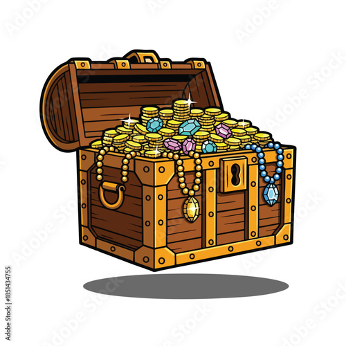 An open treasure chest overflowing with coins, jewels, and necklaces