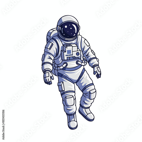 Astronaut floating in space, wearing a white and blue spacesuit, vector illustration