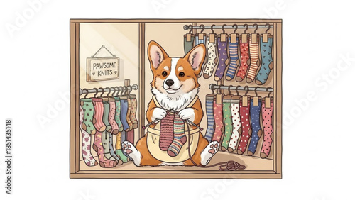 Corgi Knitting Socks in Cozy Shop Window