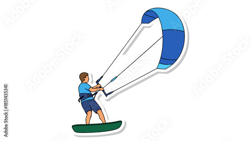 Kitesurfer Riding a Board with Blue Kite - Vector Illustration