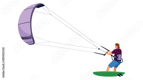 Kitesurfer Riding Green Board with Purple Kite