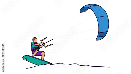 Kitesurfing Action: Rider on Board with Blue Kite