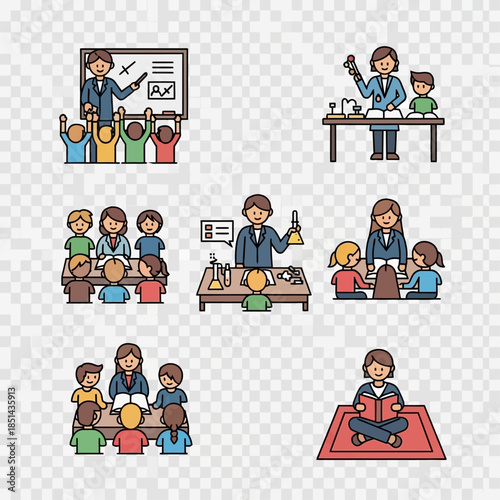 Various illustrations depicting teachers and students in different educational settings, including classroom lessons, science experiments, group activities, and reading.