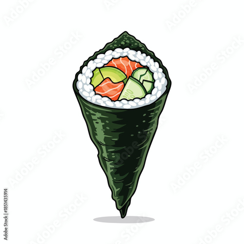 A hand-rolled sushi cone, with fillings of rice, fish, avocado, and cucumber