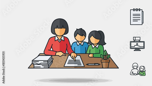 Illustration of a woman explaining a document to two children at a desk, with related icons for education or business.