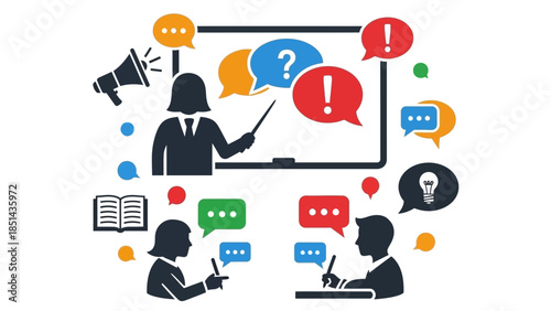 Illustration of a teacher leading a discussion with students, surrounded by communication and learning symbols.
