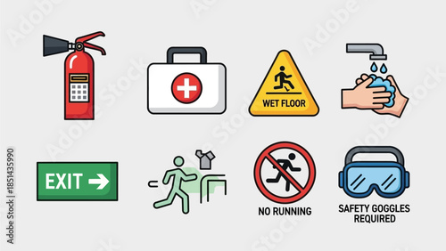 Collection of essential safety and hazard warning signs and icons for workplace and public areas.