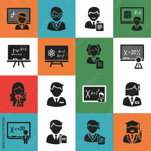 A grid of sixteen education-themed icons featuring teachers, students, and blackboards with various academic subjects like math and science.