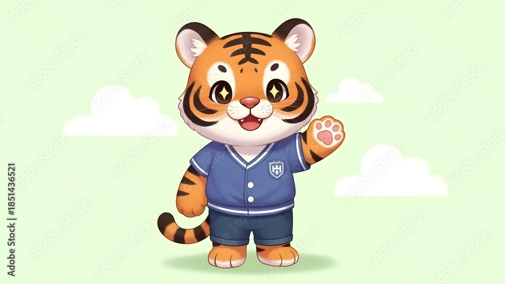 Fototapeta premium An adorable tiger cub mascot dressed in a blue jacket and shorts, waving its paw. Featuring sparkling eyes and a friendly expression, perfect for educational or children's content.