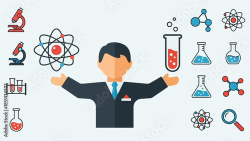 A scientist or educator surrounded by various scientific instruments and symbols, representing research and discovery.