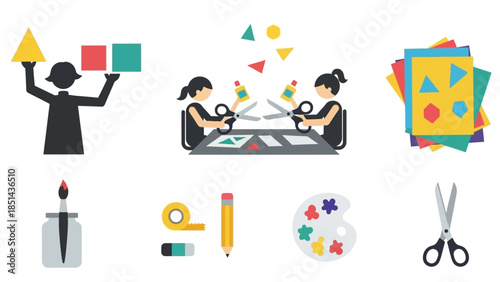 Collection of icons representing art and craft activities, tools, and supplies for creative projects and education.