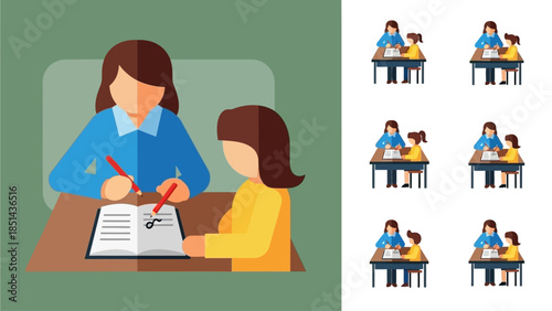 Teacher helping student with homework and studies, educational support session.