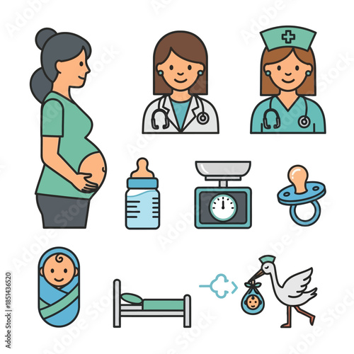 Collection of colorful icons depicting pregnancy, childbirth, baby care, and medical professionals.