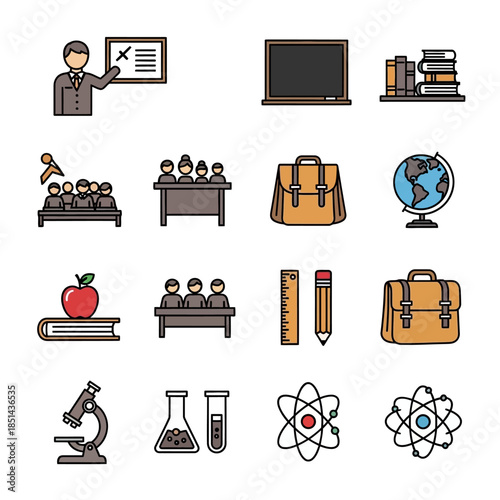A collection of colorful education and science icons, including a teacher, students, books, school supplies, laboratory equipment, and atom models.