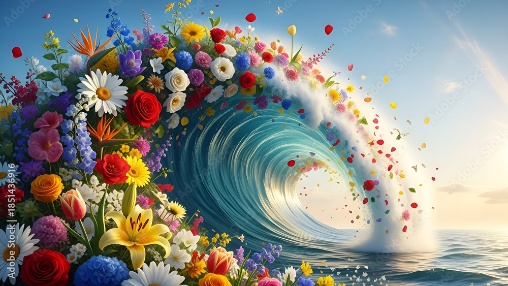 Obraz premium Main Subject: A crashing ocean wave composed of and carrying a massive variety of vibrant spring flowers.