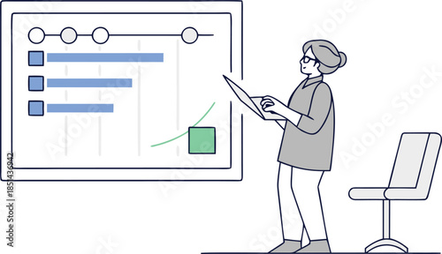 Person with laptop and presentation screen showing progress bars