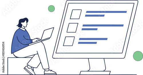 Person with laptop in front of a large computer monitor displaying a list