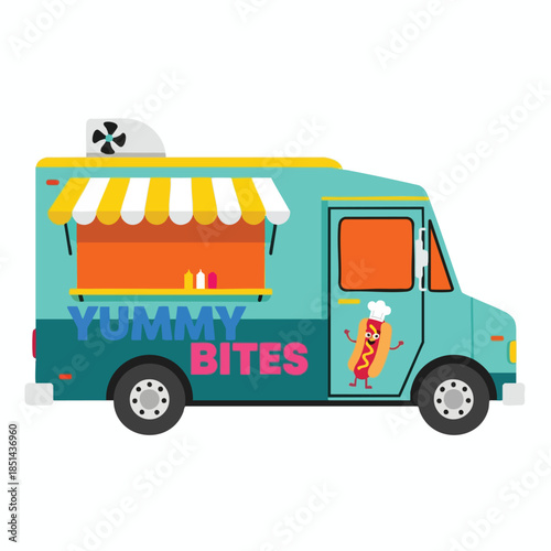 Cartoon food truck with awning, "Yummy Bites" text, and animated hotdog