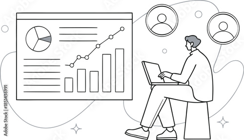Person working on laptop with business charts and user icons
