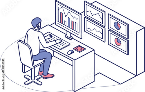 Person working at desk with multiple computer monitors displaying data