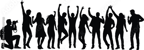 Excited group of friends cheering and dancing at a party event, with a photographer capturing the vibrant moment, vector illustration black silhouettes on white background.