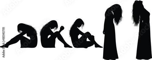 Emotional female silhouette progression from sitting despair to standing anxiety, abstract mental health stages vector illustration for psychology, depression, fear concepts
