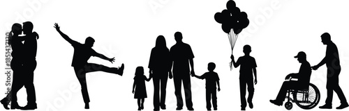 Family life silhouettes collection, parents and children walking together, love celebration moments, inclusive lifestyle scenes, human relationships illustration, black figures vector set