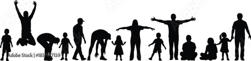 Family silhouette timeline collection showing parents and children growth stages, human life cycle poses, togetherness and development concept, black vector illustration isolated