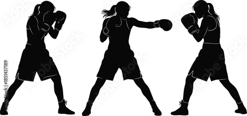 Female boxer silhouette training poses, powerful women boxing action and fitness strength concept, sports workout energy, professional athlete black vector illustration