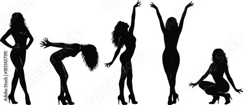 Female dancing silhouette poses collection, elegant women movement and fashion style, performance and body expression concept, modern lifestyle black vector illustration