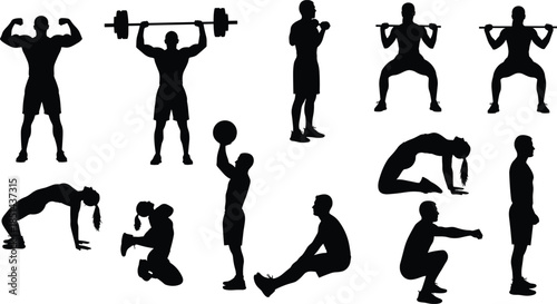 Fitness and Workout Silhouettes Vector Set, Featuring People Exercising with Weights, Squatting, and Stretching, Ideal for Gym, Health, and Bodybuilding Graphics