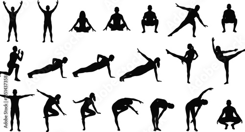 Fitness exercise silhouettes collection, yoga stretching and workout poses, bodyweight training movements, healthy lifestyle activities, athletic human figures vector illustration set