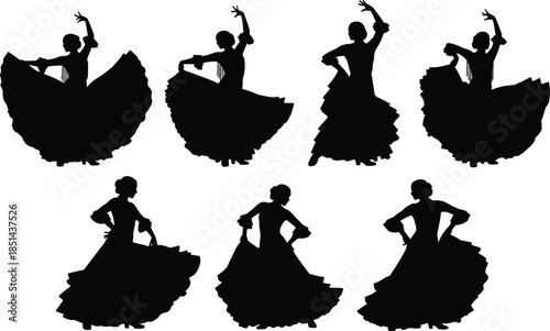 Flamenco dancer silhouette set vector illustration, featuring Spanish women in traditional tiered dresses and various dynamic dancing poses, 
