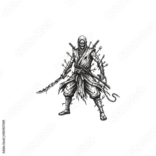 Undead zombie samurai warrior illustration with katanas and chains, dark fantasy ninja character in hand-drawn gothic style isolated on white.
