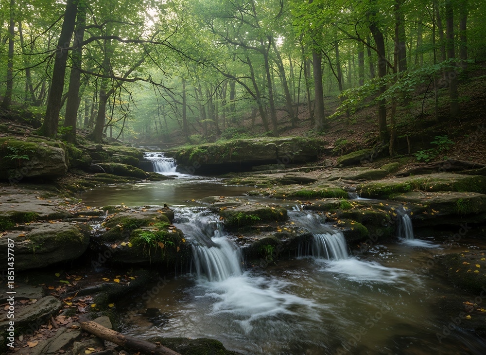 Fototapeta premium Serene forest stream cascades over rocks in a misty landscape