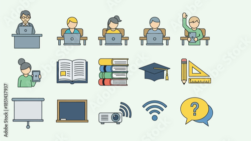 A comprehensive set of flat design vector icons illustrating various aspects of online education, e-learning, and digital classroom environments, featuring students, teachers, and educational tools.
