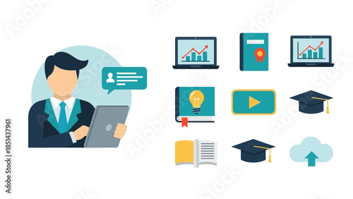 Digital learning and business analytics concept with a man using a tablet and various educational and technology icons.