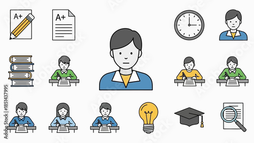 Educational icons featuring students, academic achievements, and learning tools.