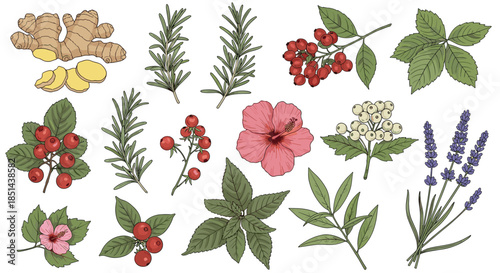 A diverse set of colorful, hand-drawn medicinal and aromatic plants, featuring ginger, rosemary, lavender, hibiscus, and various berries.