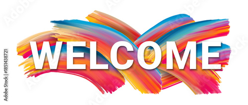 Colorful welcome text with abstract paint brush strokes